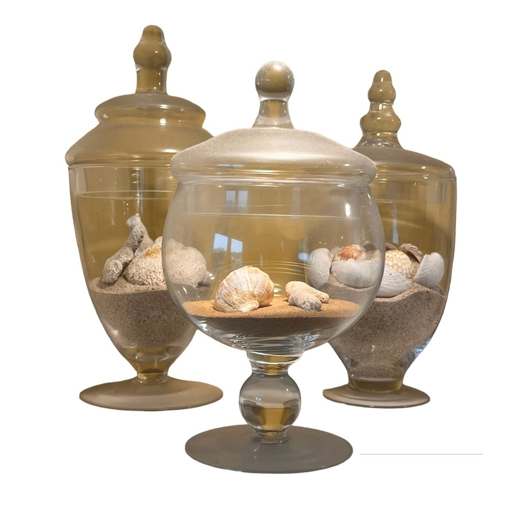 SET OF THREE GLASS VASES WITH LIDS